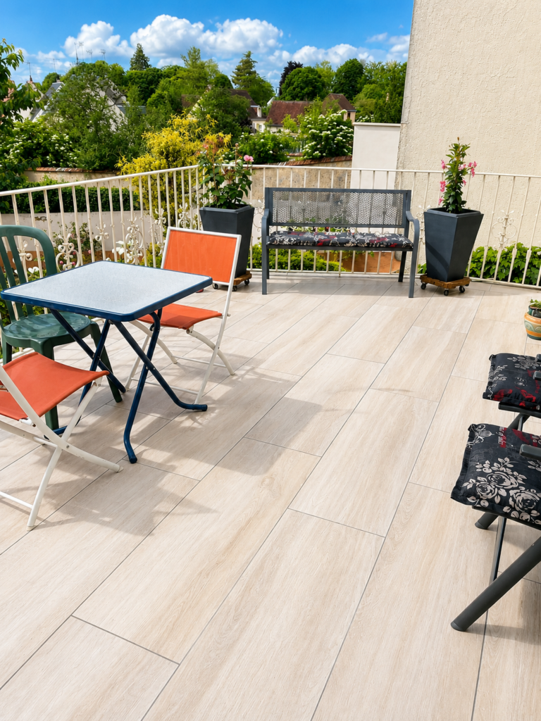Terrasse extérieure en carrelage effet bois clair réalisée par Mellier Carrelages dans la Sarthe.